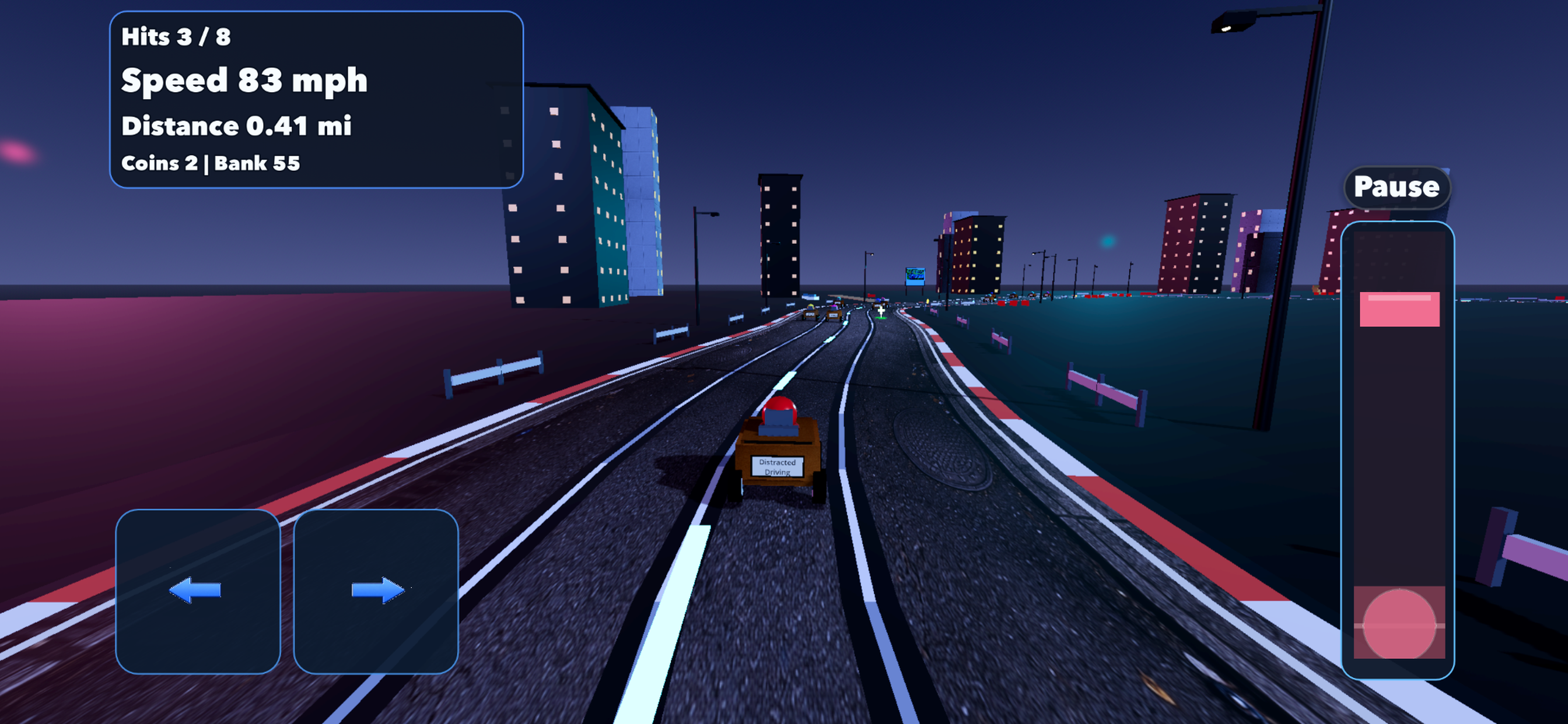 Distracted Driving night city scene with neon buildings and road traffic.