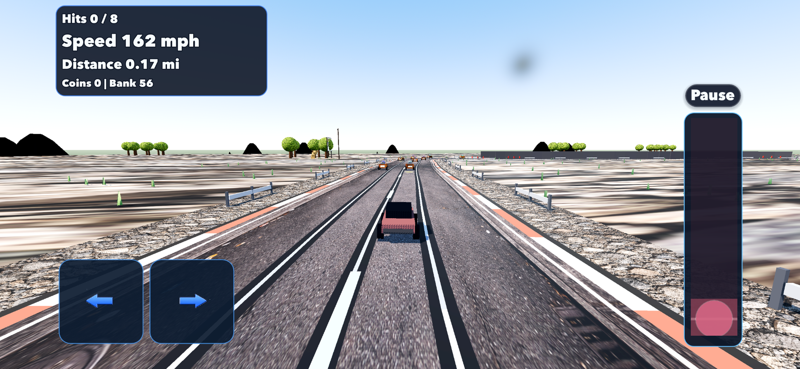 Distracted Driving bright desert road scene with open terrain and UI controls.
