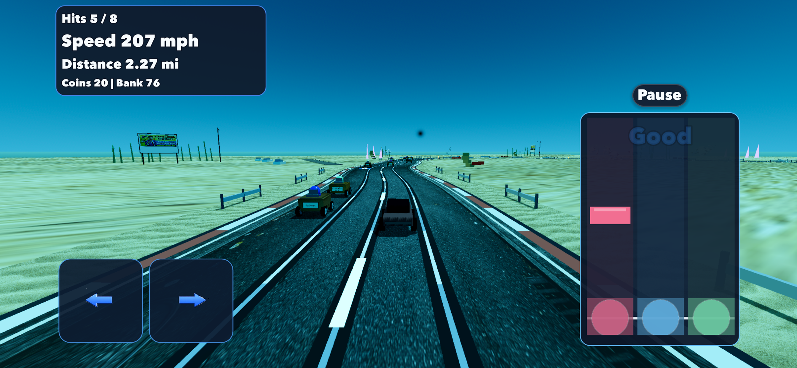 Distracted Driving blue-toned road scene with good timing feedback and multiple lanes.