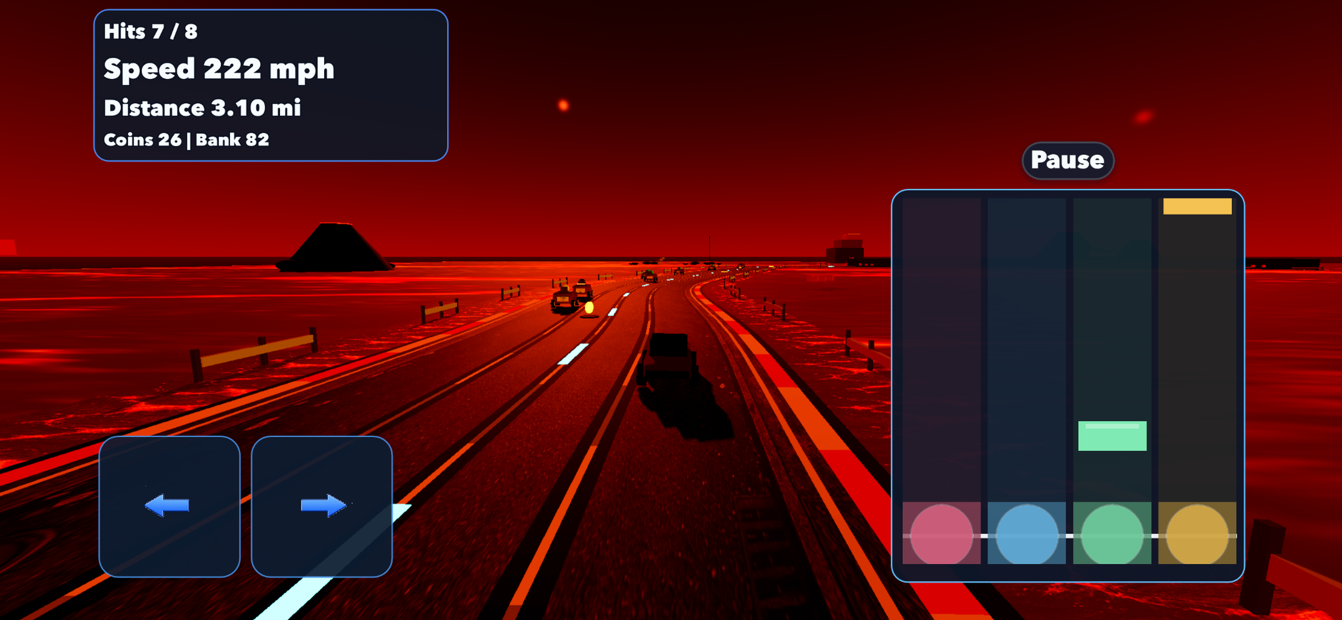 Distracted Driving red night road scene with high speed and several timing lanes.