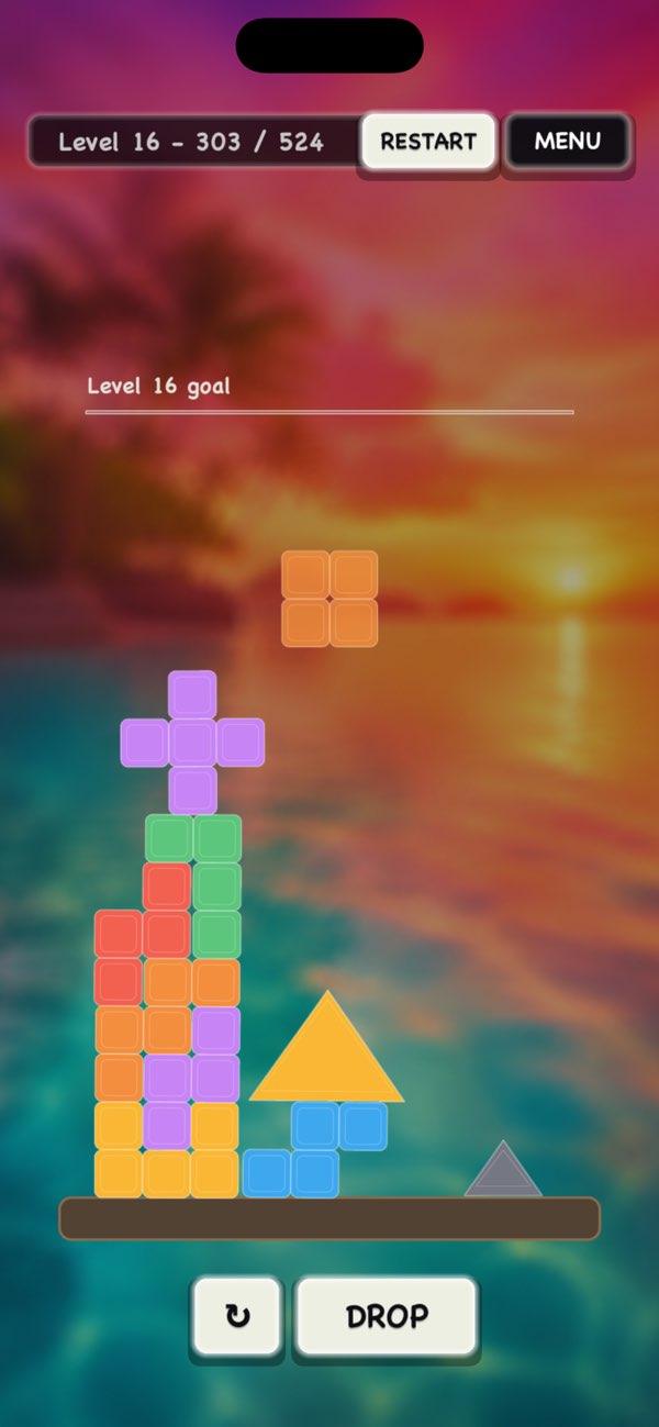 Shape Stackers screenshot showing colorful shapes balanced in the play area