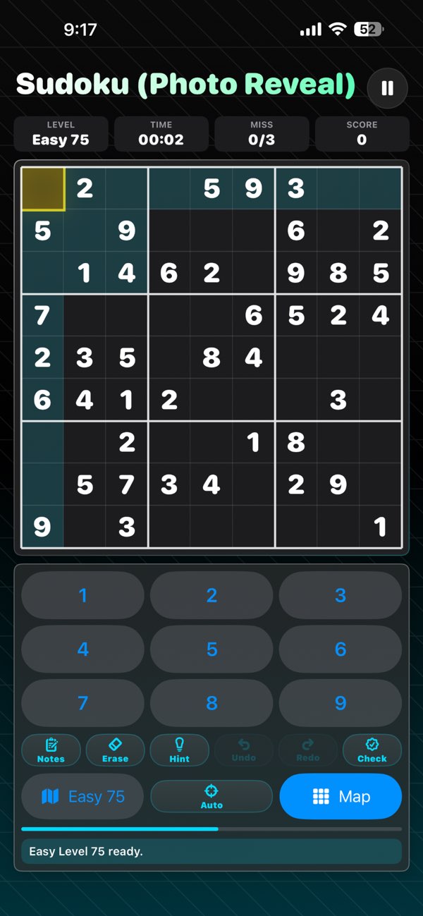 Sudoku Photo Reveal screenshot showing a different puzzle theme and board state