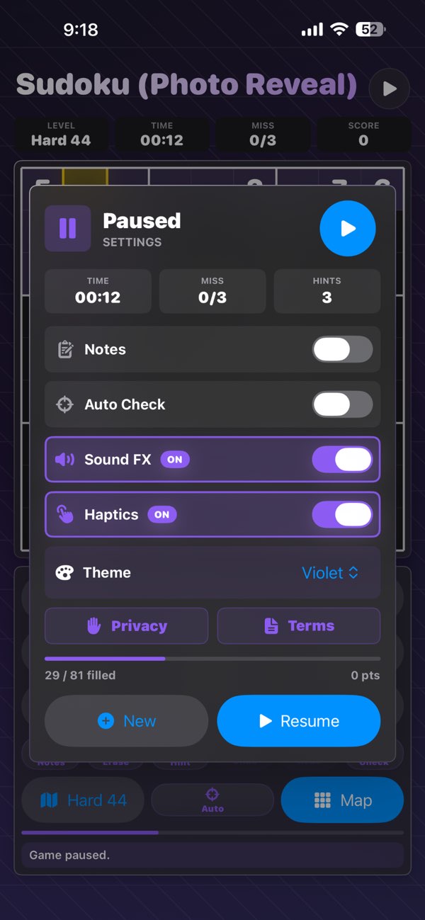 Sudoku Photo Reveal screenshot showing additional Sudoku gameplay controls
